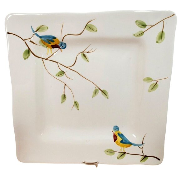 3 Pier1 Robin Square Dinner Plates 10.75" vintage handpainted birds stoneware - Picture 2 of 11